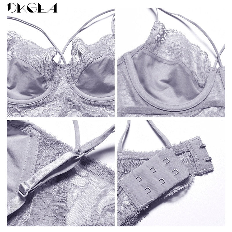 New High Waist Gray Bra Embroidery Lingerie Sets Fashion Brassiere Transparent Black Deep V Lace Underwear Women Bra Set eprolo