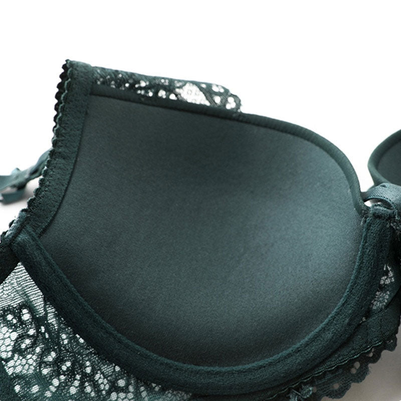Green Underwear Set Women Bra Push Up Brassiere Cotton Thick Black Gather Sexy Bra Panties Sets Embroidery Lace Lingerie Set eprolo