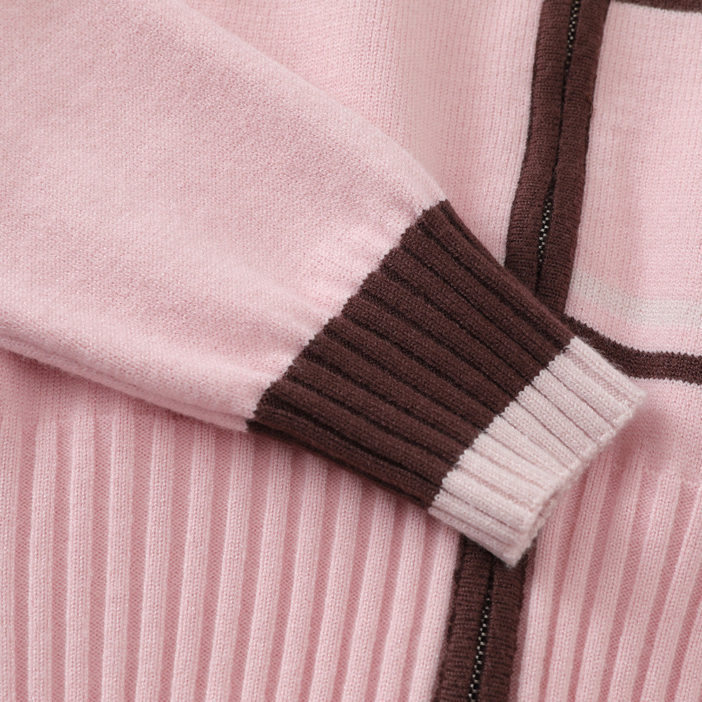 Color-block Stripe Knit Cardigan with Double Zipper Design Long Sleeve Sweater eprolo