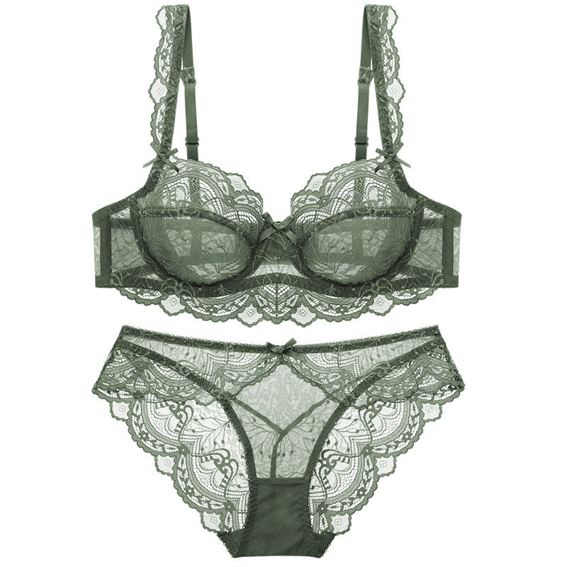 Sexy Lace Ultra Thin Transparent Bra and Panties Set Large Size Underwear Set Lingerie Women Brassieres A B C D E Cup 95C 95D eprolo
