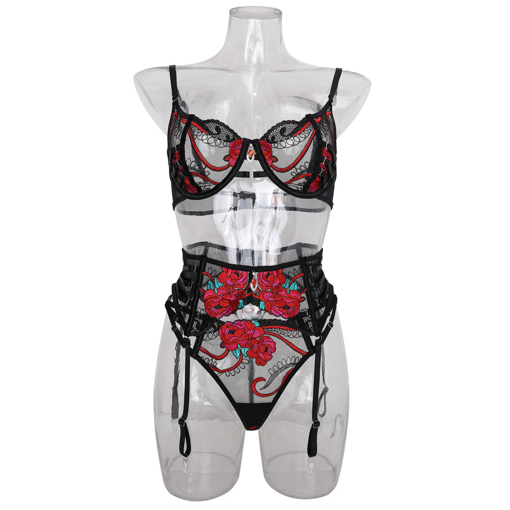 New sexy red lingerie set with lace rose embroidery pendant eprolo