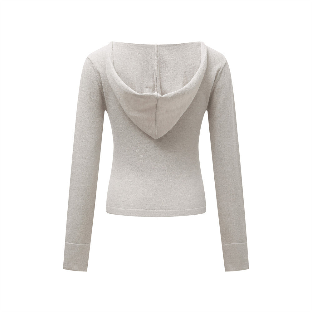 Double-Zipper Hooded Long Sleeve Short Knit Cardigan  Casual Solid Color Versatile Open Front Sweater eprolo