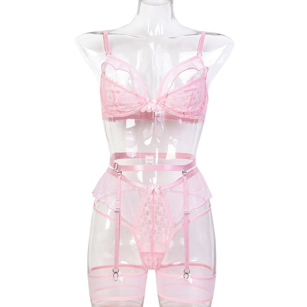 Sexy Half-Cup Lace Hollow Wave Wooden Edge Slightly Sheer Lingerie Set for Women eprolo