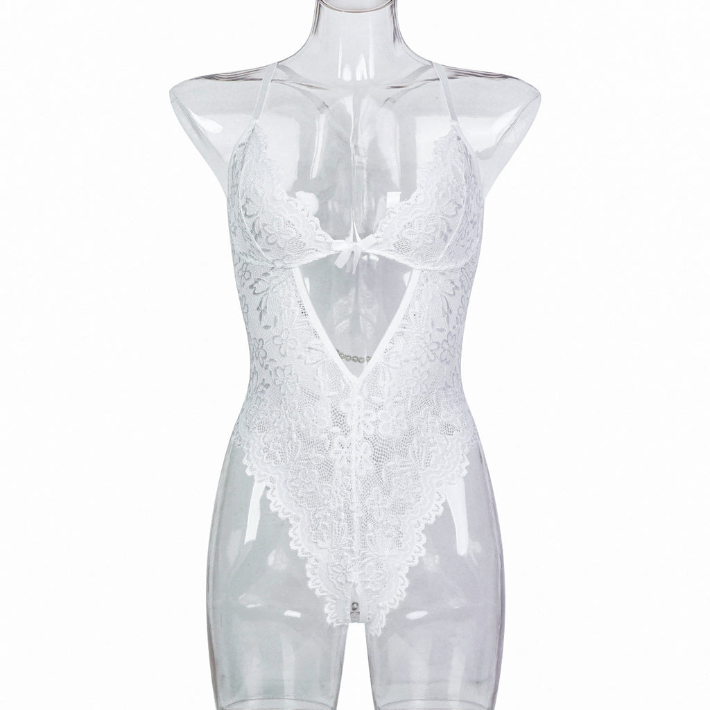 Backless Pearl Strip Thigh-High Bodysuit White Lace Sexy Strap Lingerie Muxi eprolo