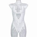 Backless Pearl Strip Thigh-High Bodysuit White Lace Sexy Strap Lingerie Muxi eprolo