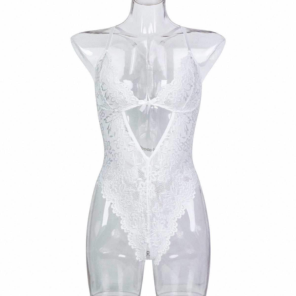 Backless Pearl Strip Thigh-High Bodysuit White Lace Sexy Strap Lingerie Muxi eprolo