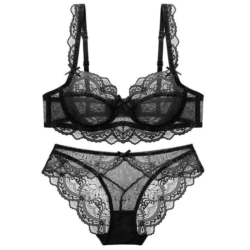 Sexy Lace Ultra Thin Transparent Bra and Panties Set Large Size Underwear Set Lingerie Women Brassieres A B C D E Cup 95C 95D eprolo