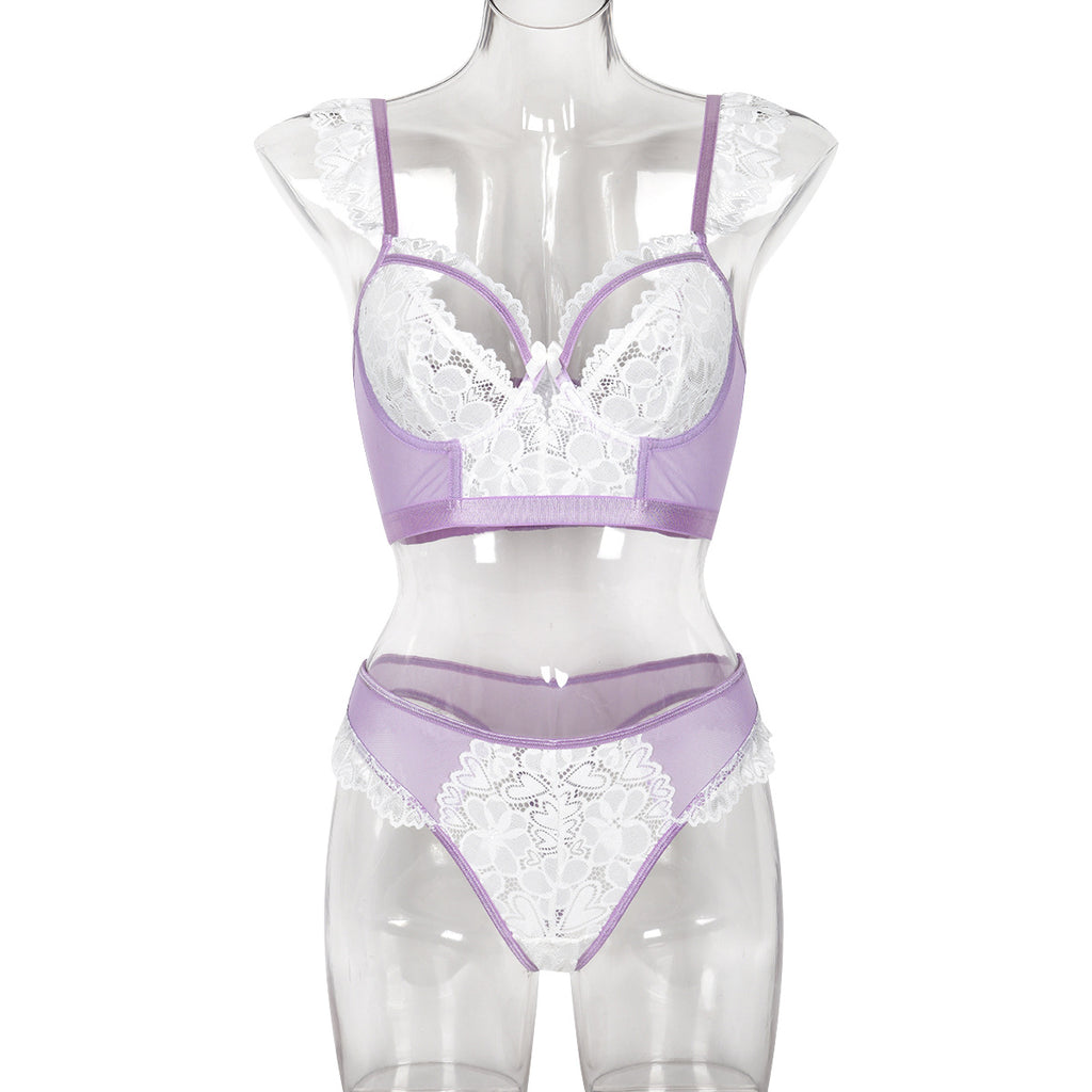 Elastic Lace Trim Bra Cup Hollow Out European and American Style Lingerie Two-Piece Set Top and Panties for Cross-Border Women eprolo