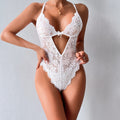 Backless Pearl Strip Thigh-High Bodysuit White Lace Sexy Strap Lingerie Muxi eprolo