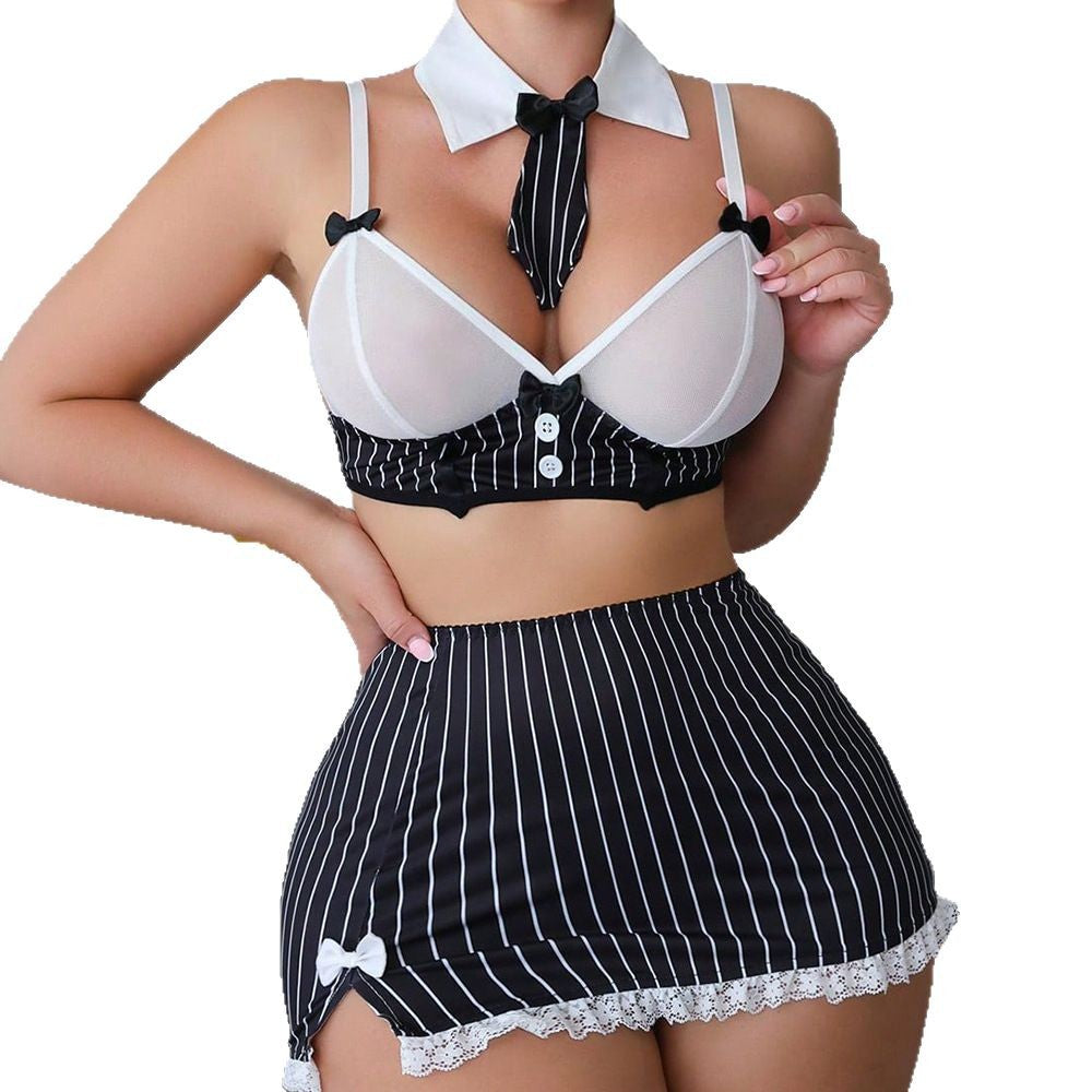 Trade Sexy Lingerie Set Lace Bra Striped Mini Skirt Thong Bow Tie Four-piece Set eprolo