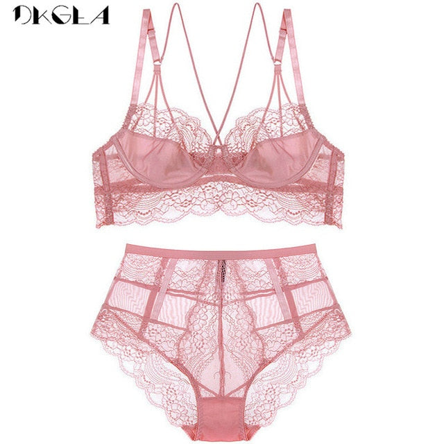 New High Waist Gray Bra Embroidery Lingerie Sets Fashion Brassiere Transparent Black Deep V Lace Underwear Women Bra Set eprolo
