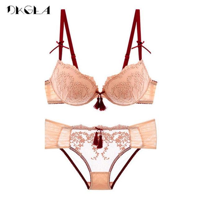 Palace Tassel Bra Set Push up Thick Cotton Brassiere Embroider Lingerie Set Lace Sexy Bras Women Underwear Set eprolo
