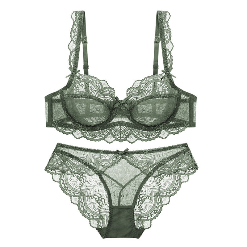 Sexy Lace Ultra Thin Transparent Bra and Panties Set Large Size Underwear Set Lingerie Women Brassieres A B C D E Cup 95C 95D eprolo