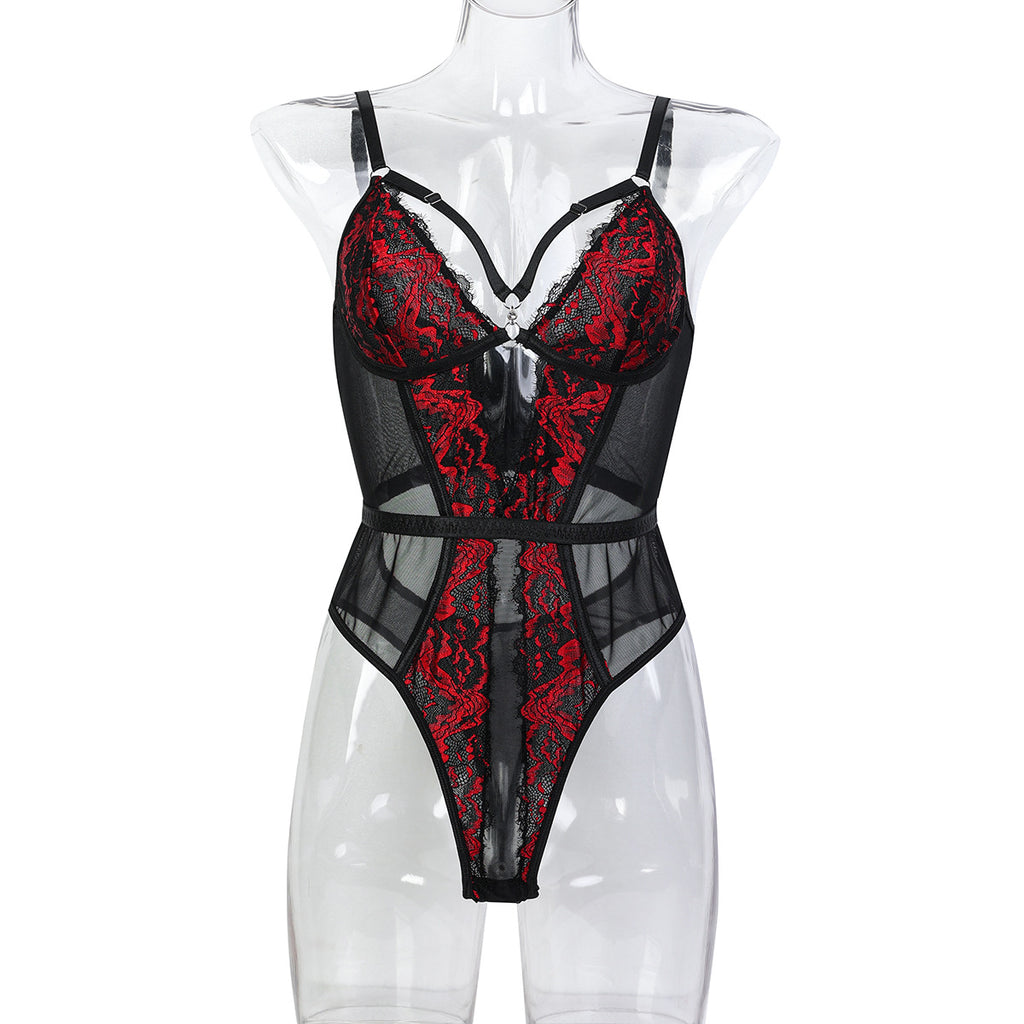 High-Quality Sexy Lingerie European and American Goddess Aura Black and Red Elastic Lace Color-Blocking Strap Bodysuit eprolo