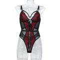High-Quality Sexy Lingerie European and American Goddess Aura Black and Red Elastic Lace Color-Blocking Strap Bodysuit eprolo