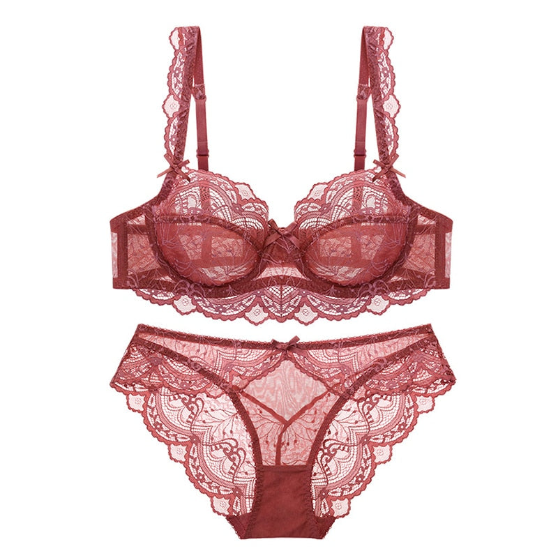 Sexy Lace Ultra Thin Transparent Bra and Panties Set Large Size Underwear Set Lingerie Women Brassieres A B C D E Cup 95C 95D eprolo