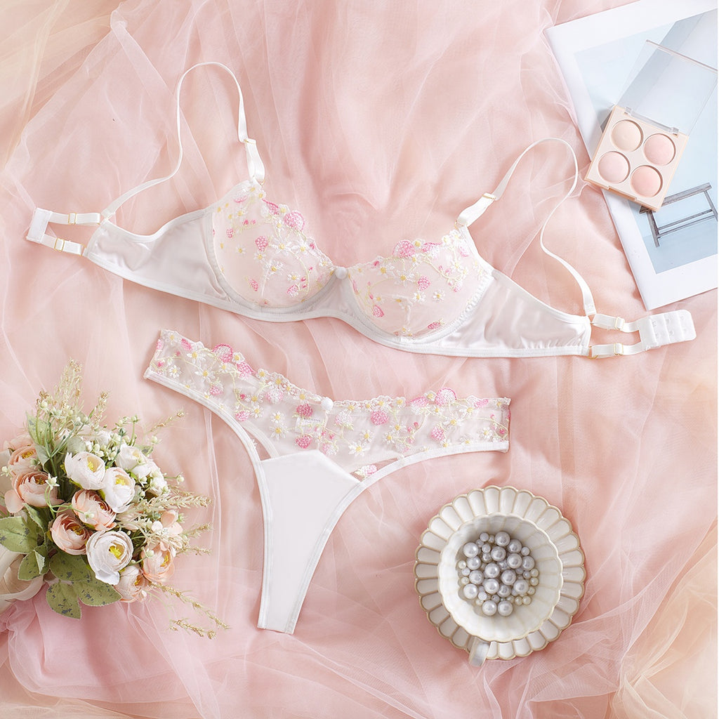 Cross-border Fresh Bra Lingerie Net Lace Embroidery Pure Desire Temptation Erotic Underwear with Steel Ring Gathering Set eprolo