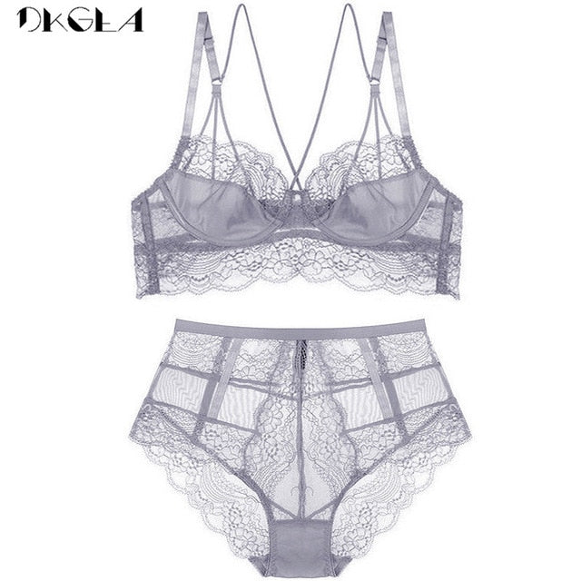 New High Waist Gray Bra Embroidery Lingerie Sets Fashion Brassiere Transparent Black Deep V Lace Underwear Women Bra Set eprolo