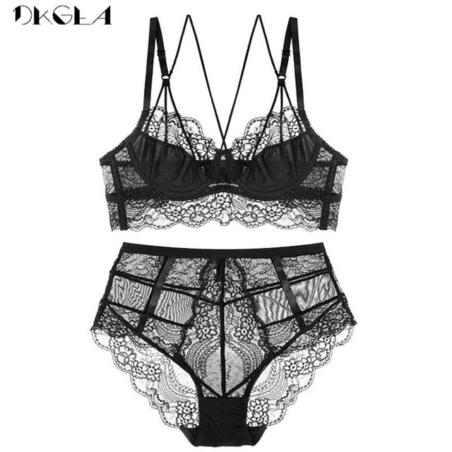 New High Waist Gray Bra Embroidery Lingerie Sets Fashion Brassiere Transparent Black Deep V Lace Underwear Women Bra Set eprolo