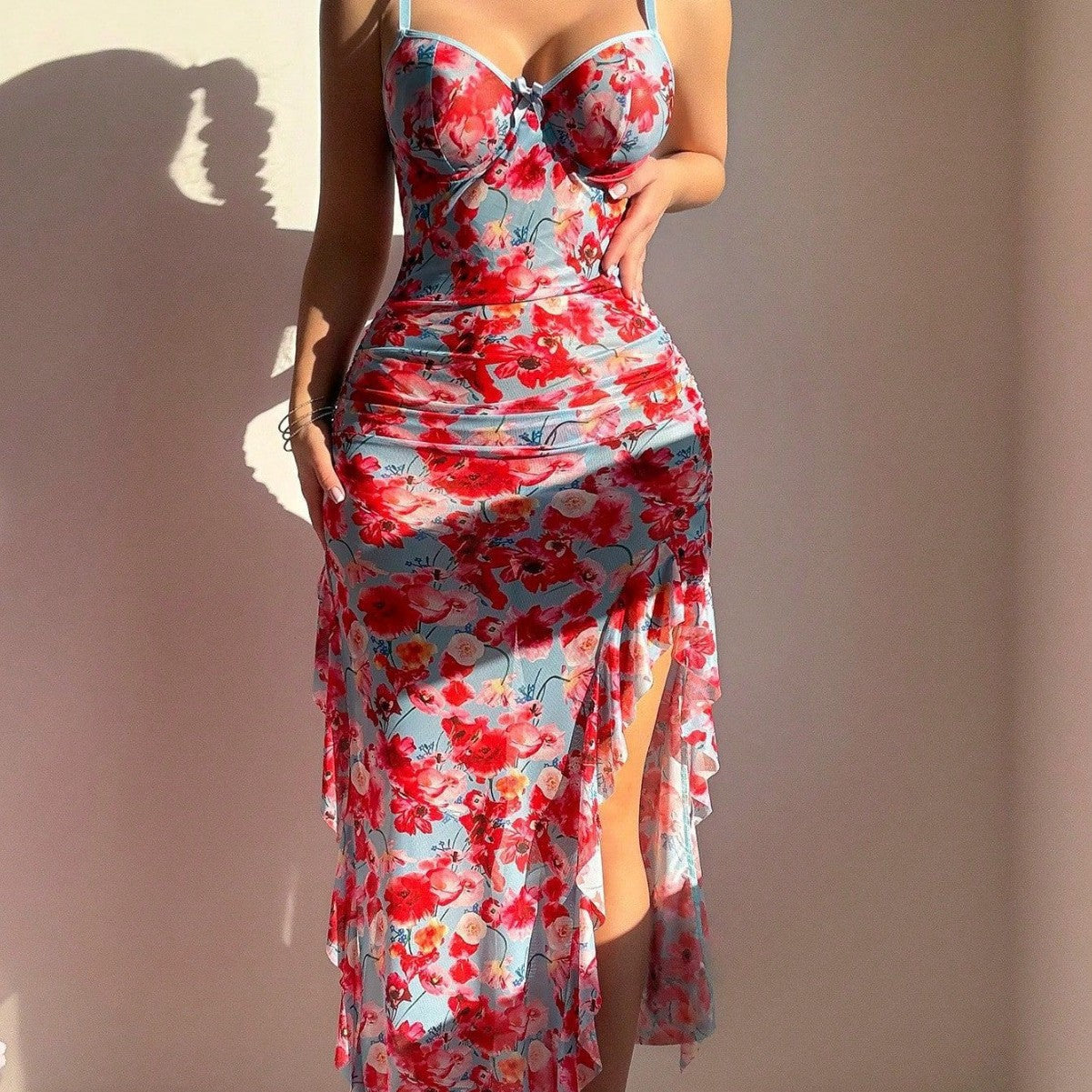 Mesh floral camisole dress sleepwear erotic lingerie sexy women's set eprolo