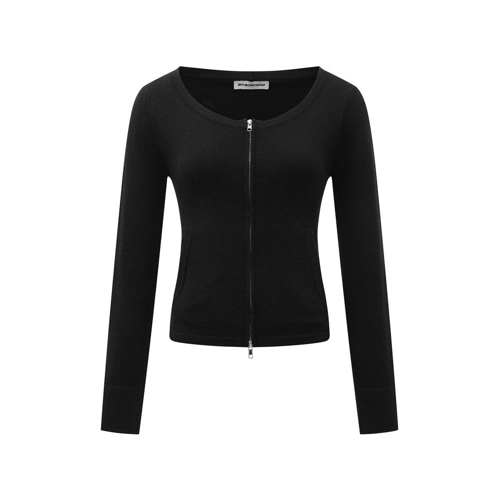 Double-Zipper Hooded Long Sleeve Short Knit Cardigan  Casual Solid Color Versatile Open Front Sweater eprolo