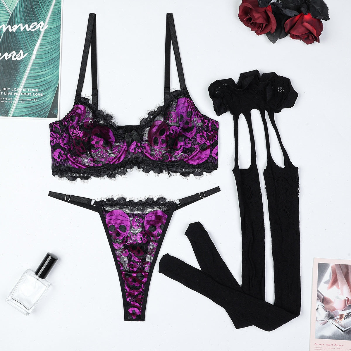 Skull Ghost Head Purple and Black Contrast Color Eyelash Elastic Lace European and American Style Sexy Lingerie Three-Piece Set eprolo
