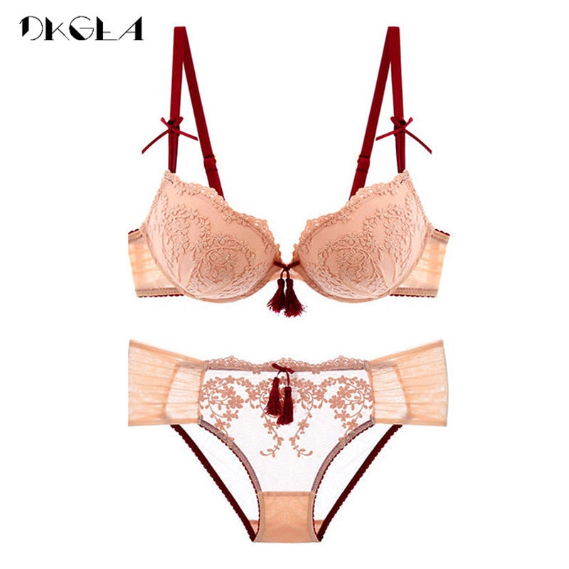 Palace Tassel Bra Set Push up Thick Cotton Brassiere Embroider Lingerie Set Lace Sexy Bras Women Underwear Set eprolo