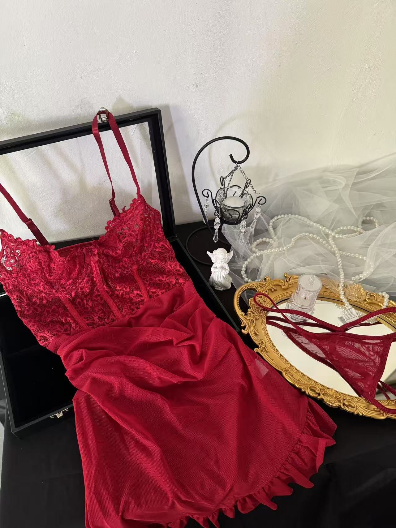 Sensual Lingerie with Lace Splicing and Strap Temptation Net Underwear with Ruffle Skirt eprolo