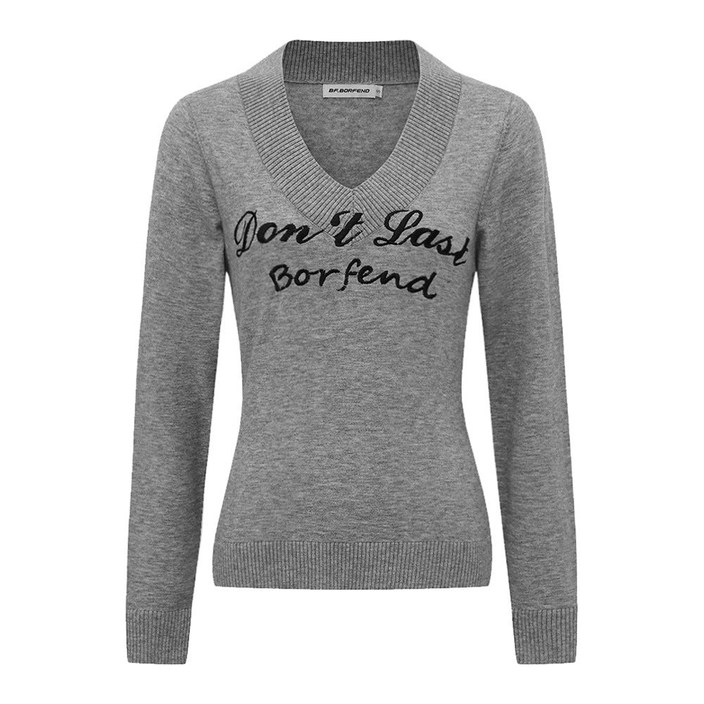 Letter Embroidery V-Neck Knit Sweater Women's Autumn Casual  Fitted Inner Layer Pullover Knitwear eprolo