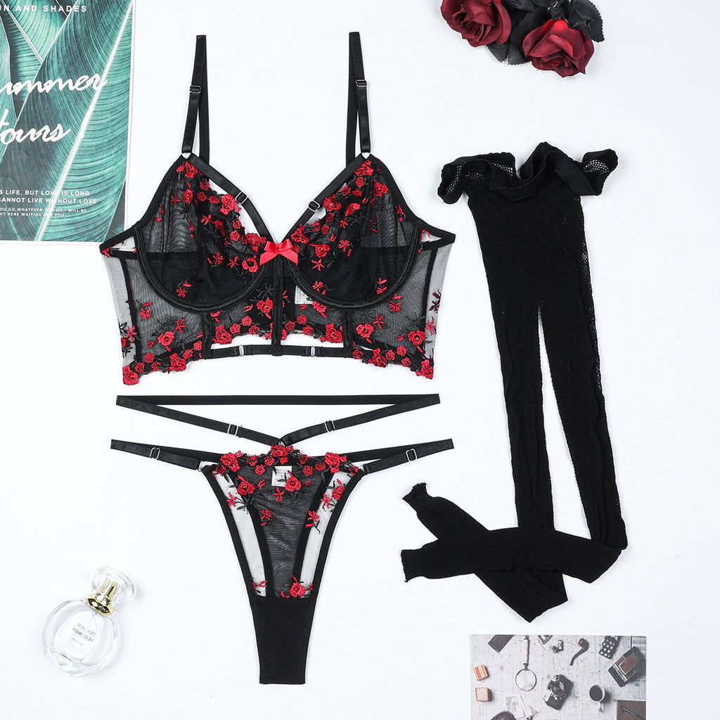 Delicate Small Floral Hollow Design Complex Three-Piece Silk Stocking Sexy Lingerie Set eprolo