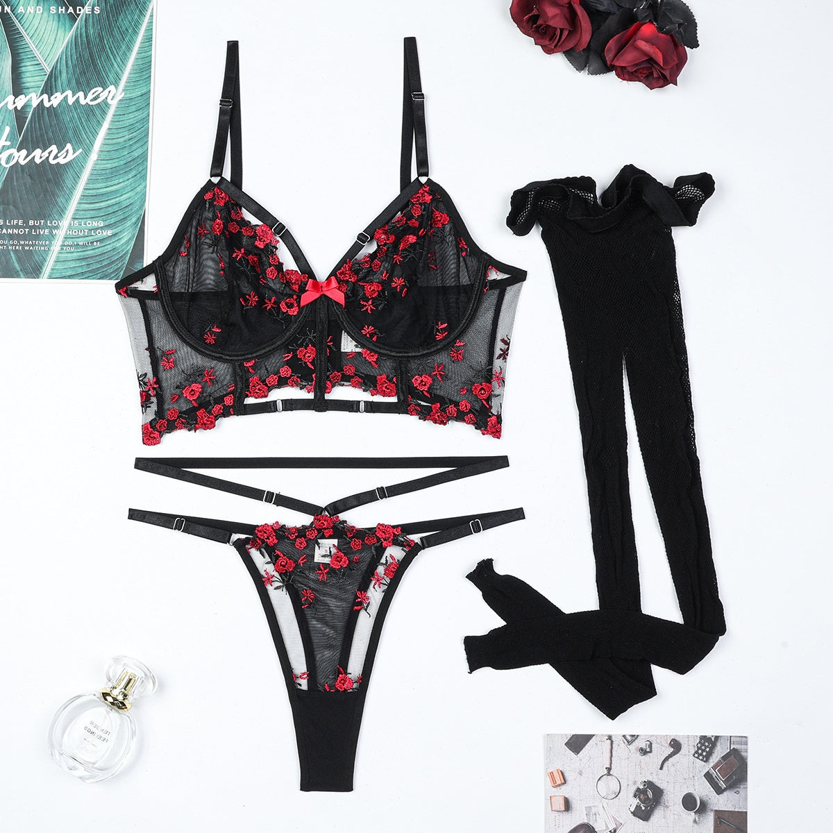 Delicate Small Floral Hollow Design Complex Three-Piece Silk Stocking Sexy Lingerie Set eprolo