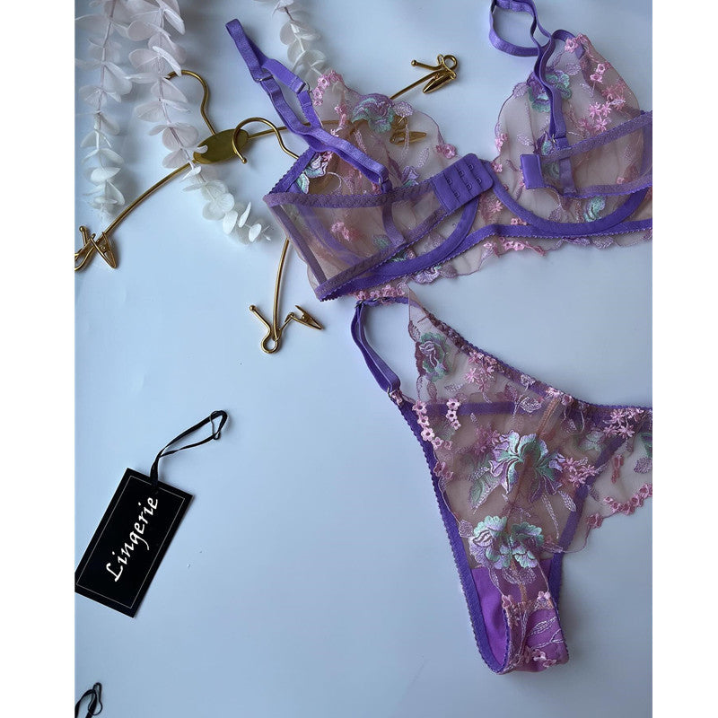 Dnika Two-Piece Mesh Embroidered Lingerie Set Purple Flower Gathered Bra Transparent Suit eprolo