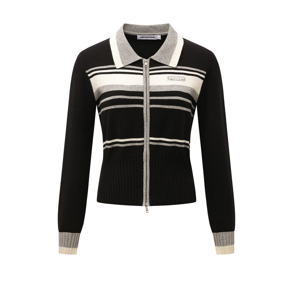 Color-block Stripe Knit Cardigan with Double Zipper Design Long Sleeve Sweater eprolo