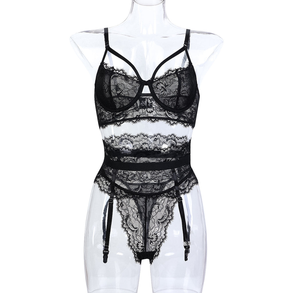 Lingerie Sexy Lace Sheer Three-Piece Set Black Transparent Underwear eprolo