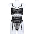 Lingerie Sexy Lace Sheer Three-Piece Set Black Transparent Underwear eprolo