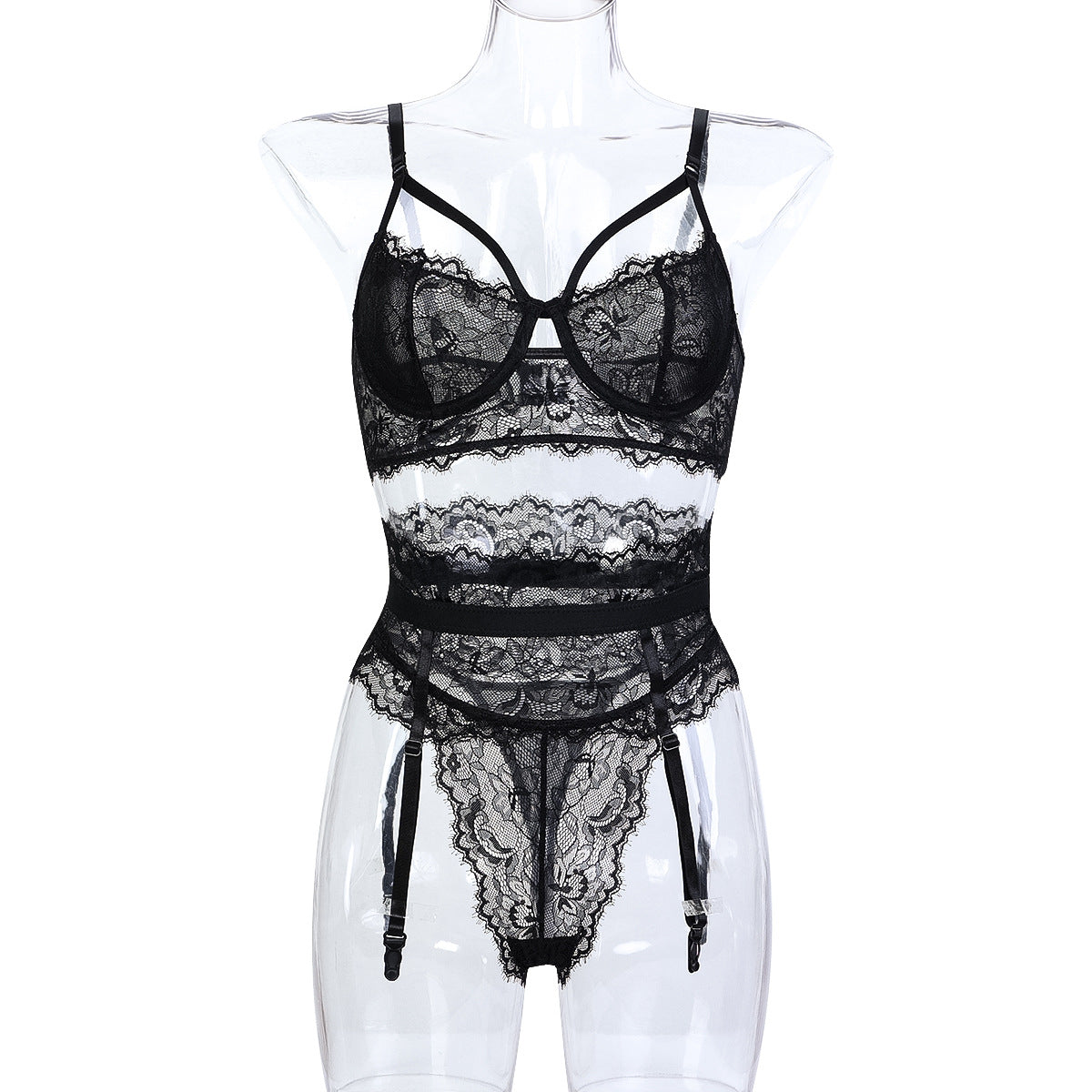 Lingerie Sexy Lace Sheer Three-Piece Set Black Transparent Underwear eprolo