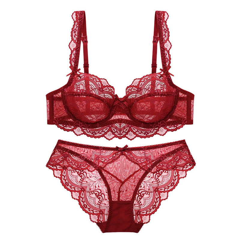Sexy Lace Ultra Thin Transparent Bra and Panties Set Large Size Underwear Set Lingerie Women Brassieres A B C D E Cup 95C 95D eprolo
