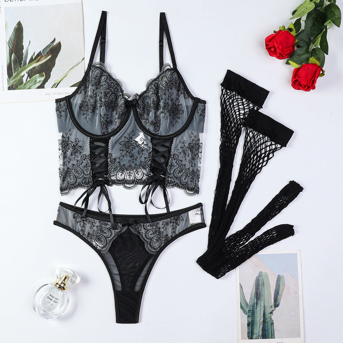 High-Quality Precision Embroidery 3D Floral European and American Sexy Lingerie Bondage Cross Set Three-Piece Suit eprolo