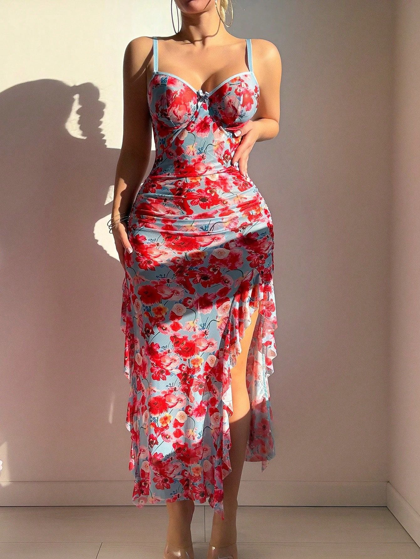 Mesh floral camisole dress sleepwear erotic lingerie sexy women's set eprolo