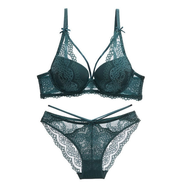 Green Underwear Set Women Bra Push Up Brassiere Cotton Thick Black Gather Sexy Bra Panties Sets Embroidery Lace Lingerie Set eprolo
