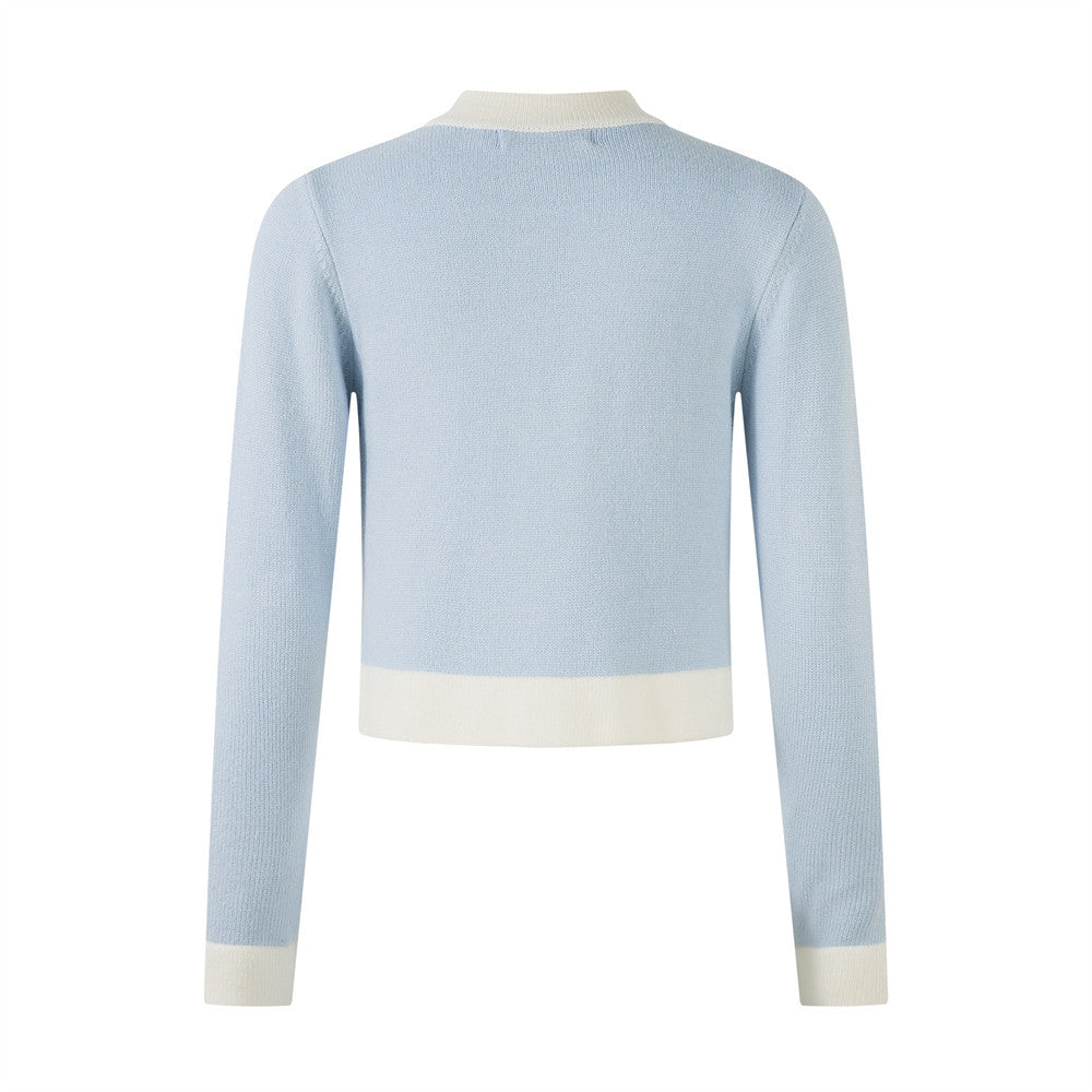 Short Length Long Sleeve Knit Cardigan  Color Block Round Neck Buttoned Sweater eprolo