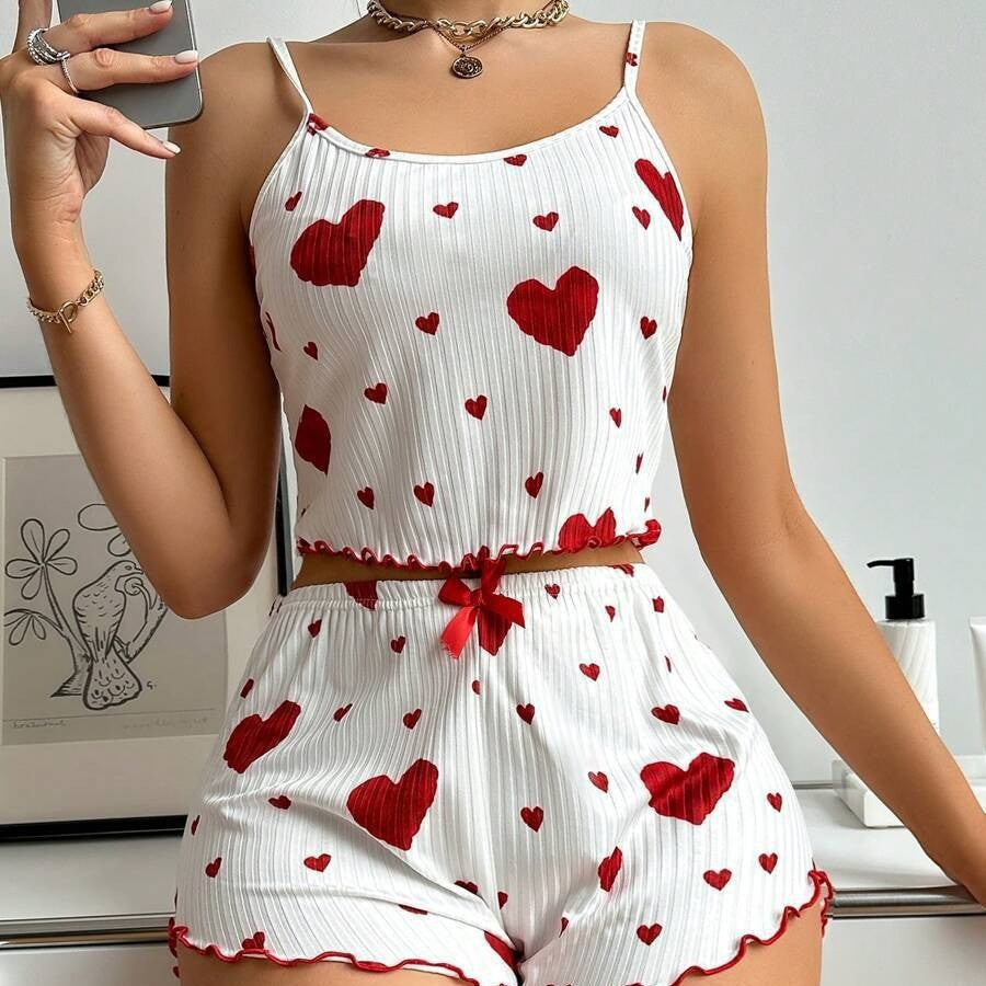 Sexy Lingerie Set with Heart Print Sweet Strap Nightwear Suit eprolo
