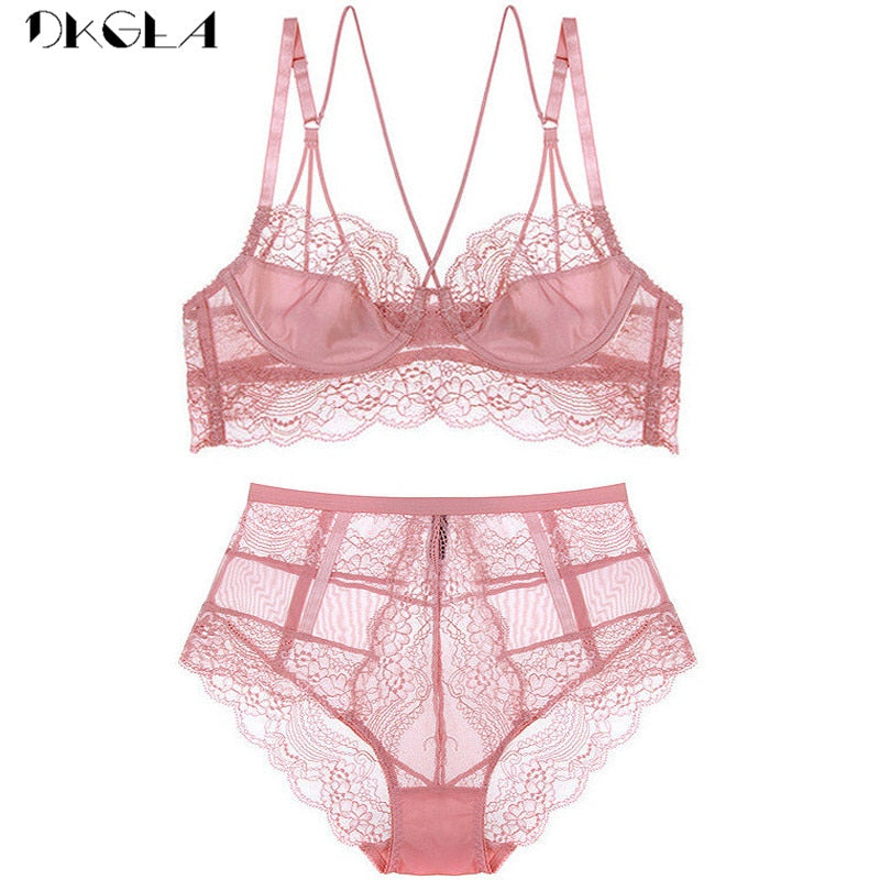 New High Waist Gray Bra Embroidery Lingerie Sets Fashion Brassiere Transparent Black Deep V Lace Underwear Women Bra Set eprolo
