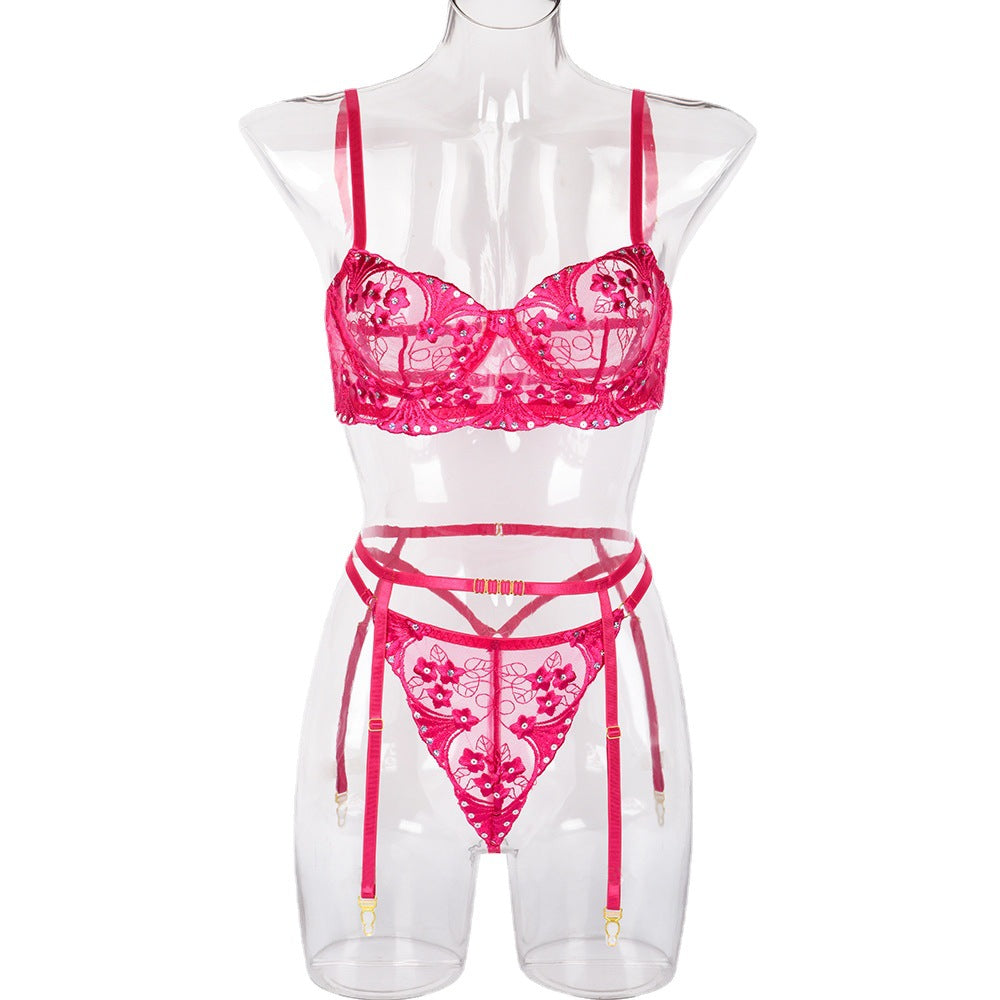 New Sexy Lingerie Embroidery Flower Sequin Stitching With Steel Ring Three Piece Set eprolo