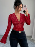 V-neck lace spliced mesh flare sleeve T-shirt for women eprolo