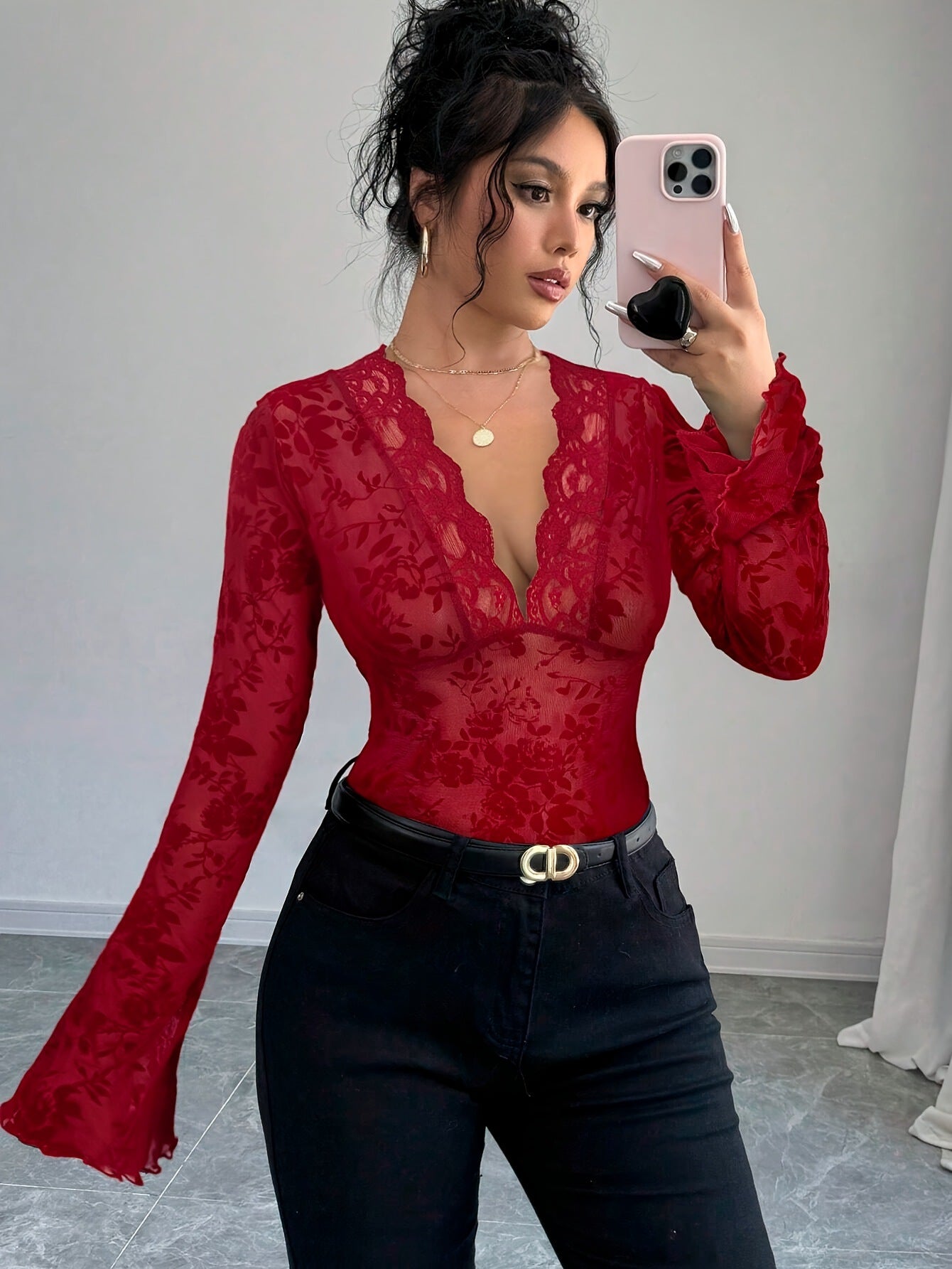 V-neck lace spliced mesh flare sleeve T-shirt for women eprolo