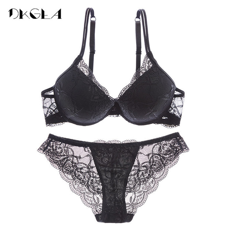 Super Gather Brassiere Thick Cotton Underwear Set Women Bras Black Sexy Bra Panties Set Lace Lingerie A B C Cup Push up Bra Sets eprolo
