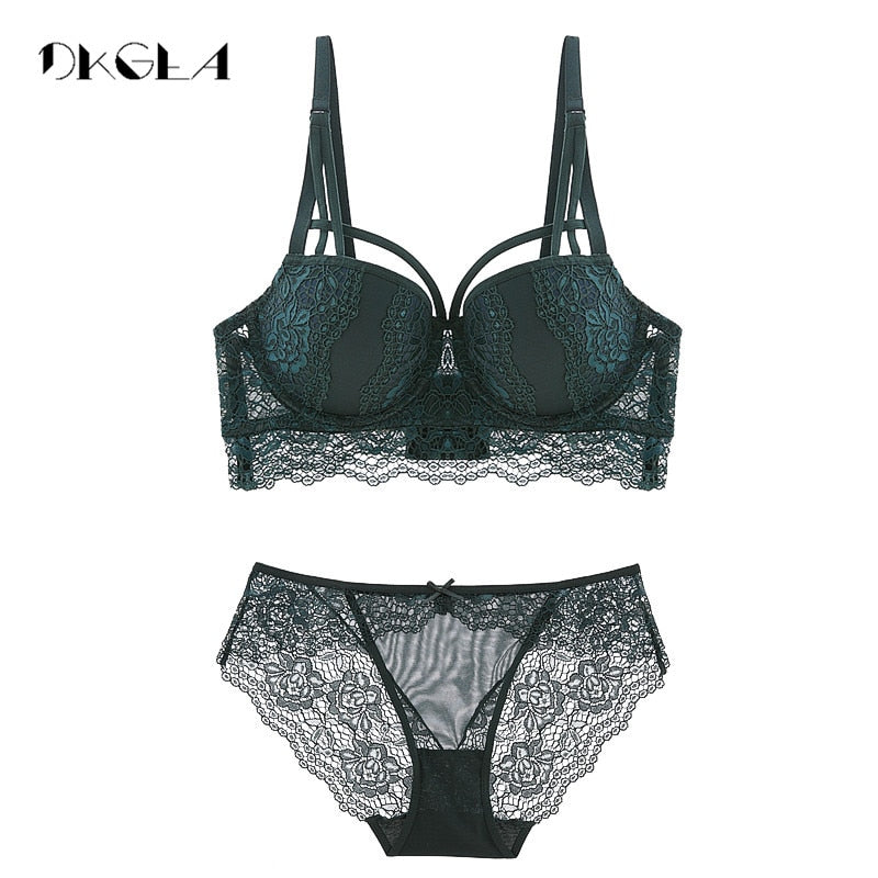 Top Sexy Underwear Set Cotton Push-up Bra and Panty Sets 3/4 Cup Brand Green Lace Lingerie Set Women Deep V Brassiere Black eprolo