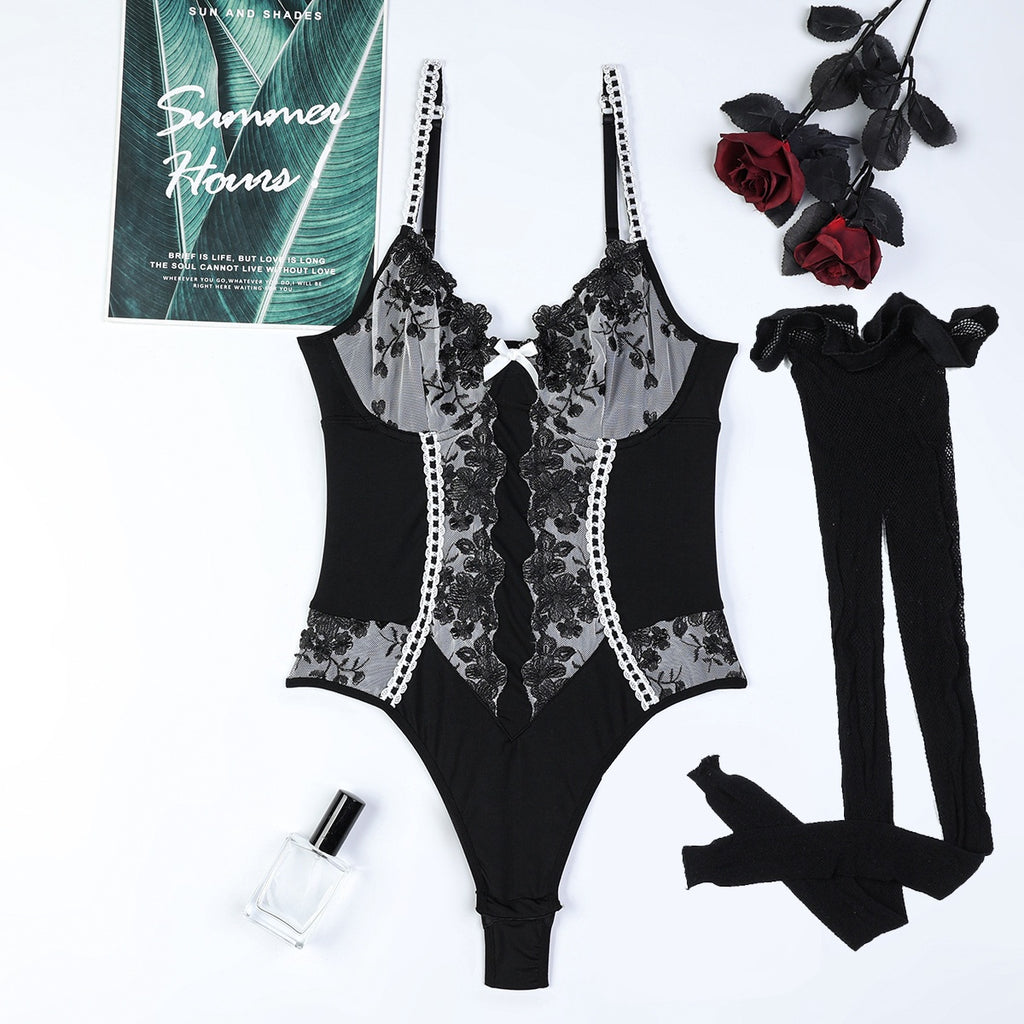 Black and White Embroidered Spliced Stretchy Strapless Jumpsuit European and American Women's Lingerie Sexy Underwear Can Be Worn Alone Open Crotch eprolo