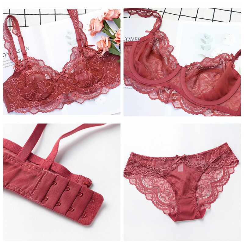 Sexy Lace Ultra Thin Transparent Bra and Panties Set Large Size Underwear Set Lingerie Women Brassieres A B C D E Cup 95C 95D eprolo